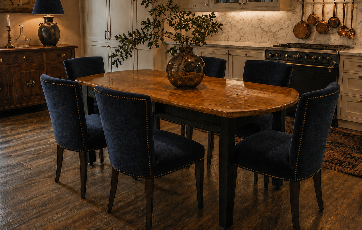 Ruralia's Living Op maat gemaakte, uitschuifbare houten eettafel in een landelijk keukeninterieur, hier uitgeschoven voor 6 stoelen.
